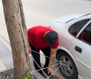 Tokat’ta sağanak yağışa karşı araçlar ağaçlara bağlanarak korunmaya çalışıldı